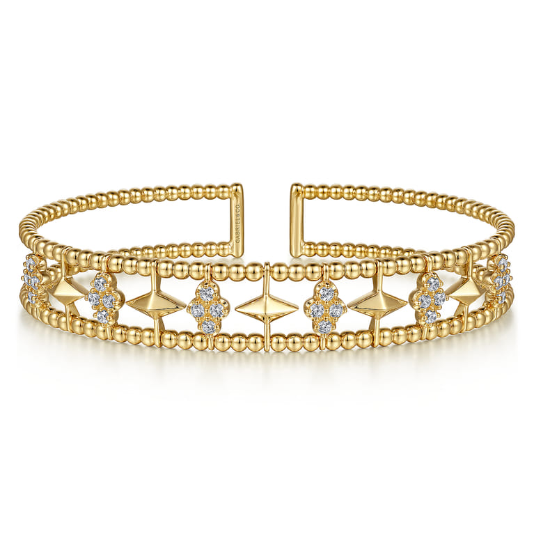 14K Yellow Gold Bujukan Diamond Cluster and Gold Pyramid Cuff Bangle - 0.6 ct - Shot 1