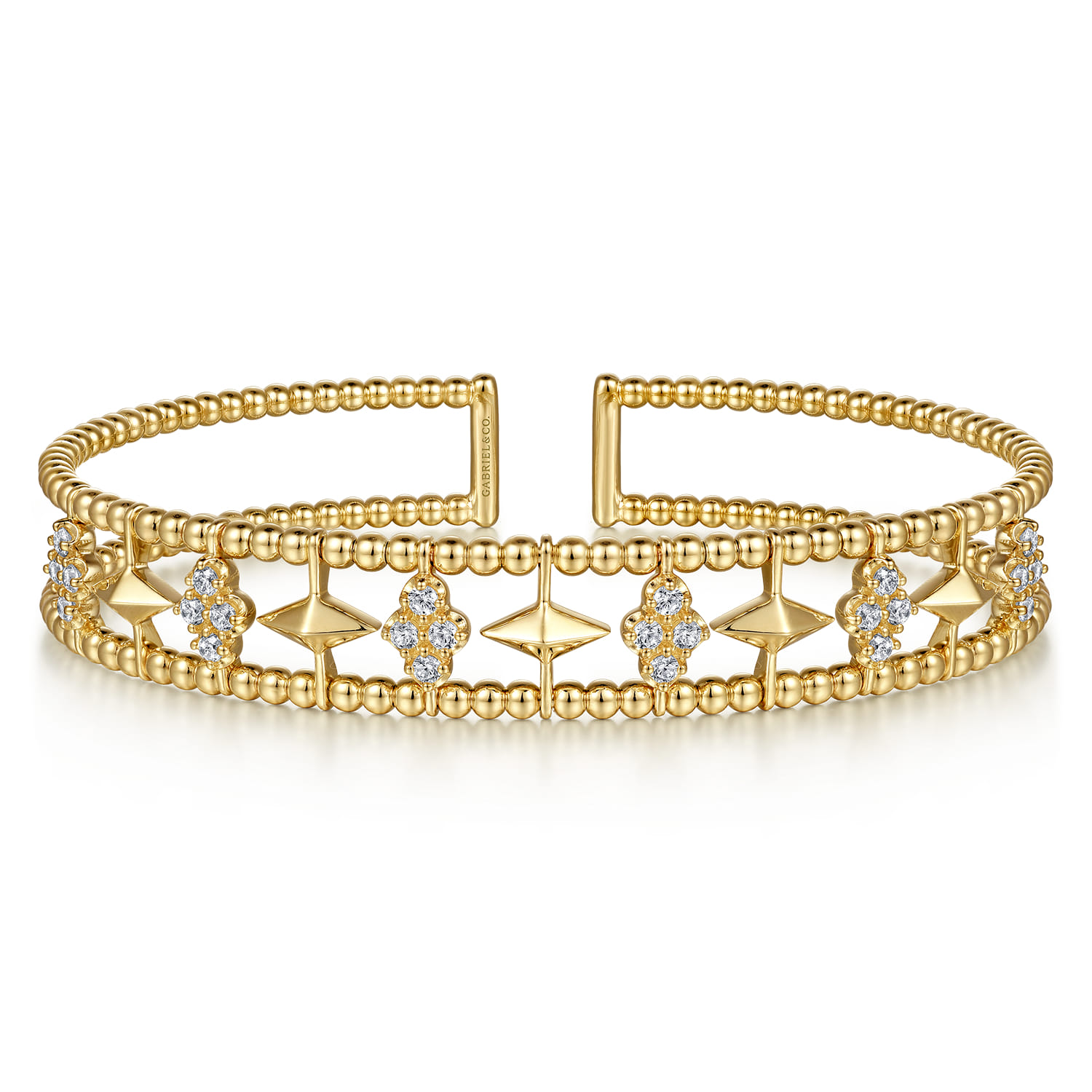 14K Yellow Gold Bujukan Diamond Cluster and Gold Pyramid Cuff Bangle - 0.6 ct - Shot 1
