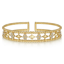 14K Yellow Gold Bujukan Diamond Cluster and Gold Pyramid Cuff Bangle