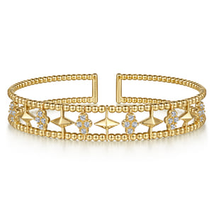 14K Yellow Gold Bujukan Diamond Cluster and Gold Pyramid Cuff Bangle