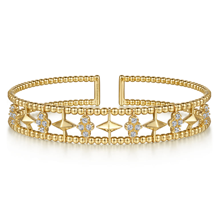 14K Yellow Gold Bujukan Diamond Cluster and Gold Pyramid Cuff Bangle - 0.6 ct - Shot 1