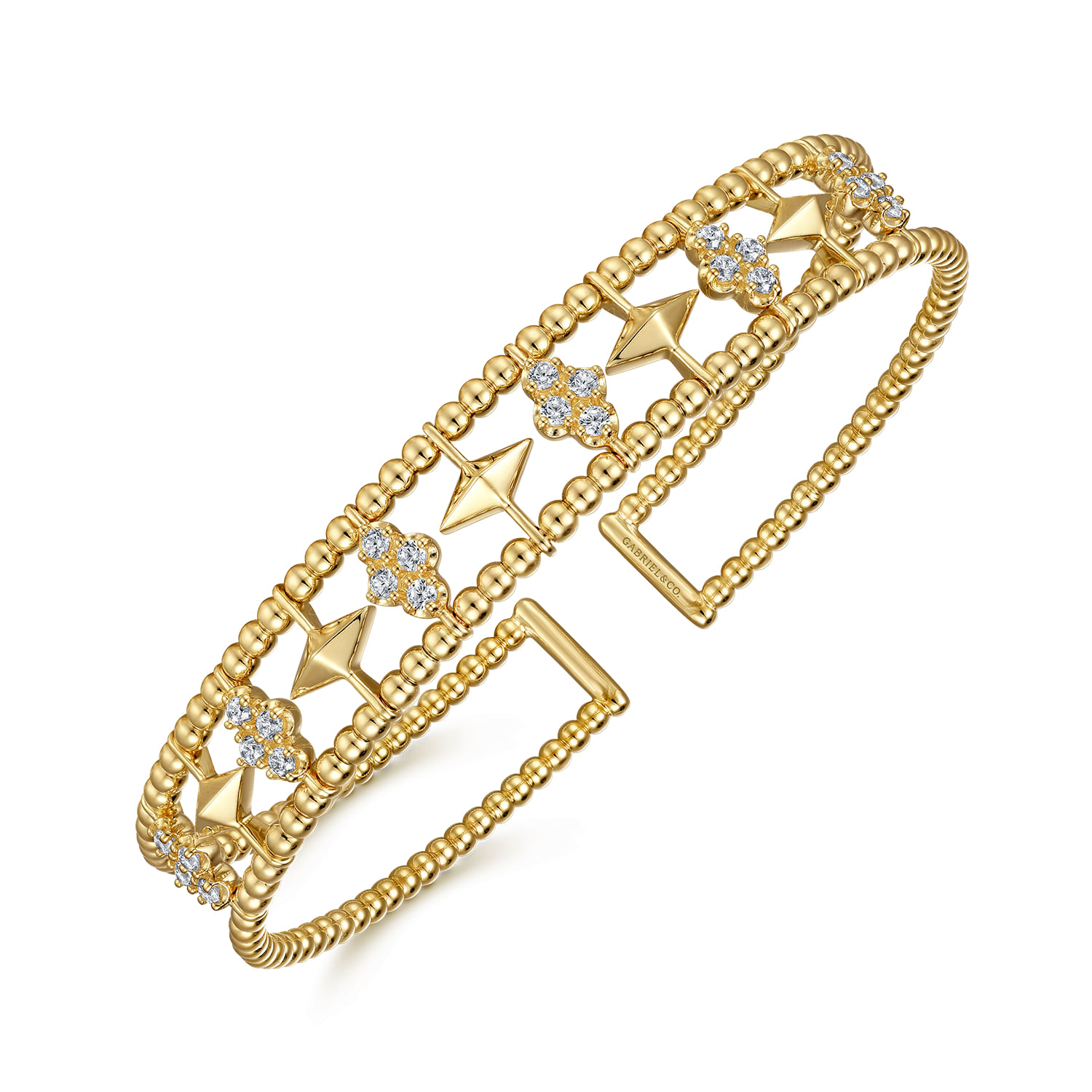 14K Yellow Gold Bujukan Diamond Cluster and Gold Pyramid Cuff Bangle