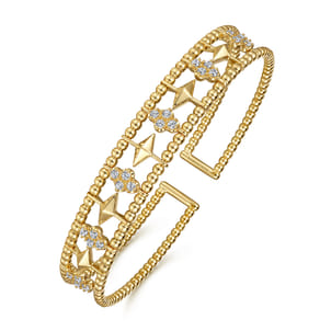 14K Yellow Gold Bujukan Diamond Cluster and Gold Pyramid Cuff Bangle