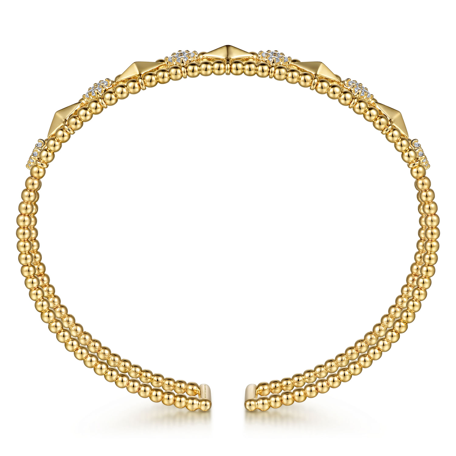 14K Yellow Gold Bujukan Diamond Cluster and Gold Pyramid Cuff Bangle