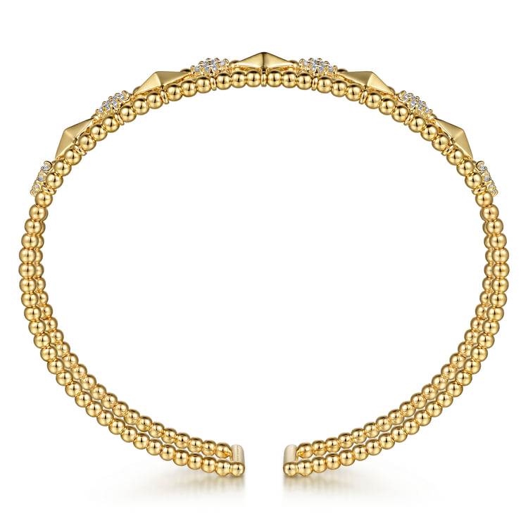 14K Yellow Gold Bujukan Diamond Cluster and Gold Pyramid Cuff Bangle