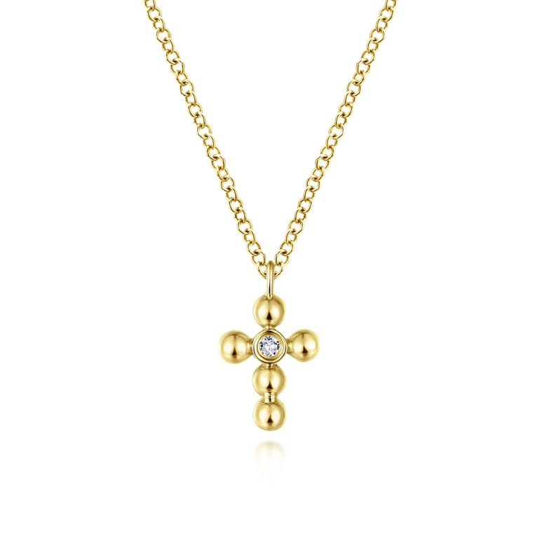 14K Yellow Gold Bujukan Diamond Cross Pendant Necklace - 0.02 ct - Shot 1