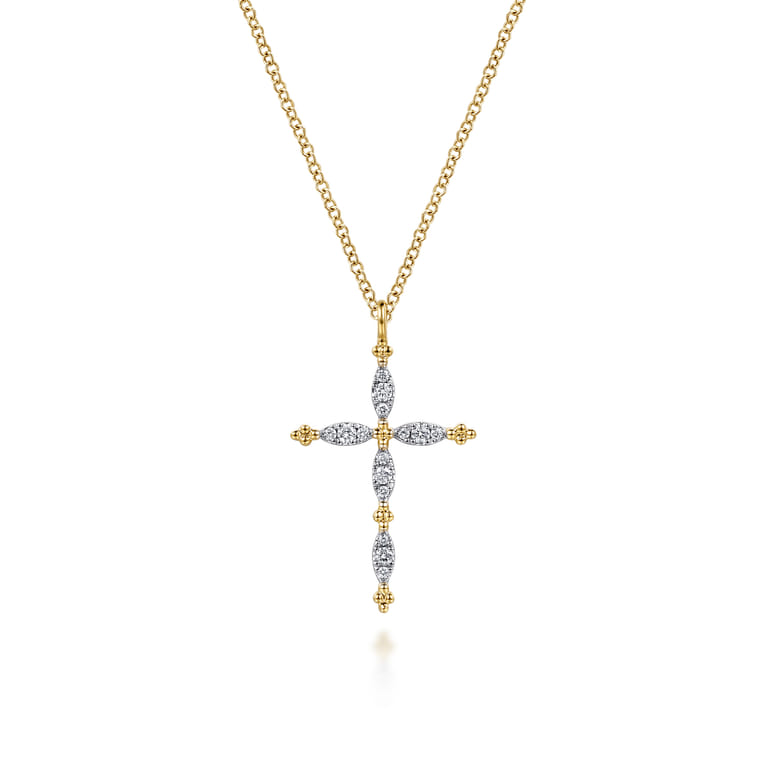 14K Yellow Gold Bujukan Diamond Cross Pendant Necklace - 0.13 ct - Shot 1
