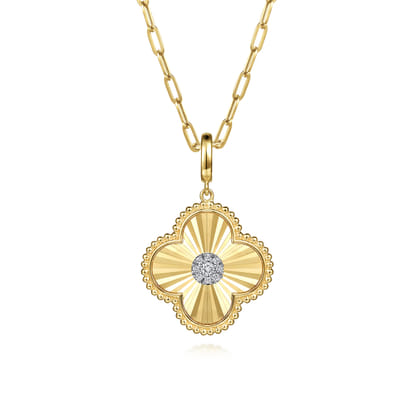 14K Yellow Gold Bujukan Diamond Cut Diamond Clover Medallion Pendant with Detachable Bail