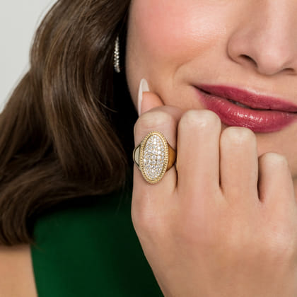 14K Yellow Gold Bujukan Diamond Elongated Oval Signet Ring