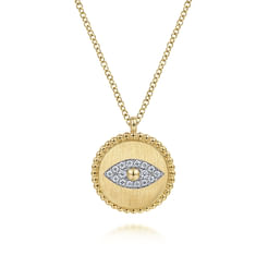 14K Yellow Gold Bujukan Diamond Evil Eye Medallion Necklace 
