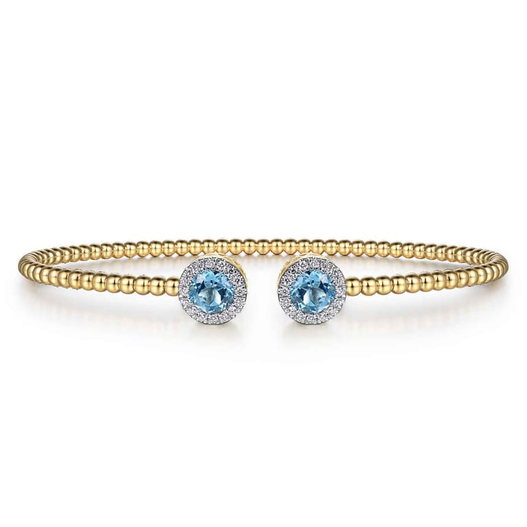 14K Yellow Gold Bujukan Diamond Halo and Blue Topaz Bangle - 0.15 ct - Shot 1