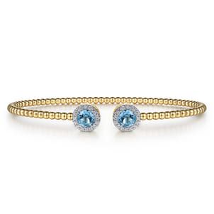 14K Yellow Gold Bujukan Diamond Halo and Blue Topaz Bangle