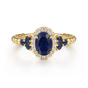 14K Yellow Gold Bujukan Diamond Halo and Oval Blue Sapphire Fashion Ring