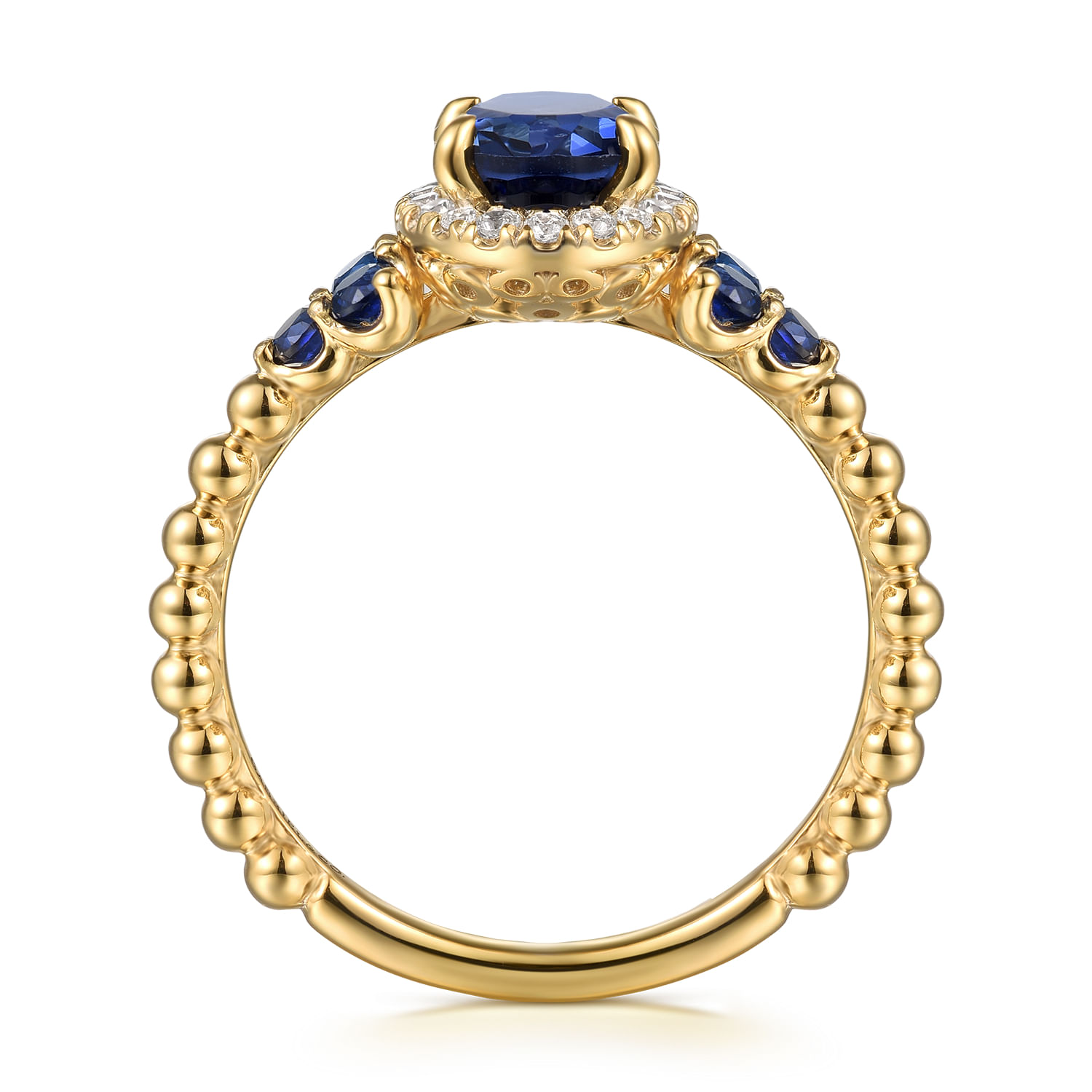 14K Yellow Gold Bujukan Diamond Halo and Oval Blue Sapphire Fashion Ring - 0.1 ct - Shot 2