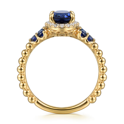 14K Yellow Gold Bujukan Diamond Halo and Oval Blue Sapphire Fashion Ring