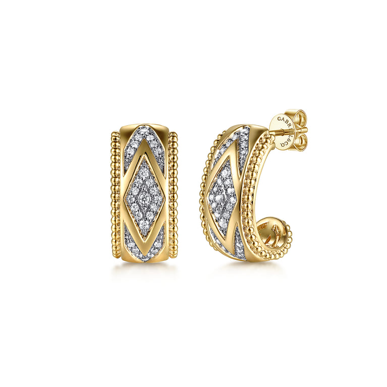 14K Yellow Gold Bujukan Diamond J Hoop Stud Earrigs - 0.23 ct - Shot 1