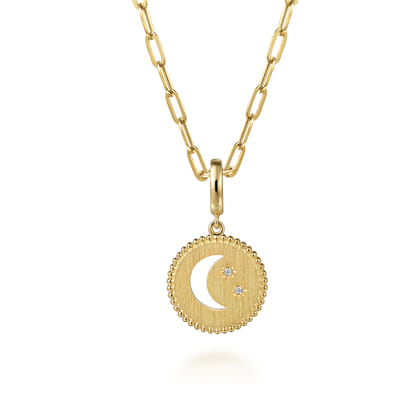 14K Yellow Gold Bujukan Diamond Moon and Star Medallion Pendant With Detachable Bail