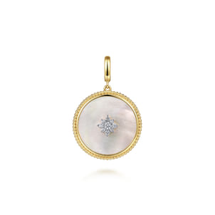 14K Yellow Gold Bujukan Diamond  Mother of Pearl Starburst Medallion Pendant With Detachable Bail