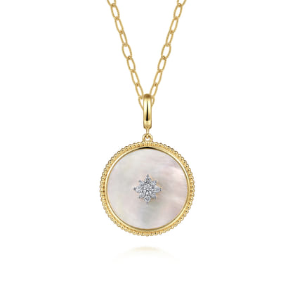 14K Yellow Gold Bujukan Diamond  Mother of Pearl Starburst Medallion Pendant With Detachable Bail