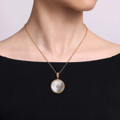 14K Yellow Gold Bujukan Diamond Mother of Pearl Starburst Medallion Pendant with Detachable Bail