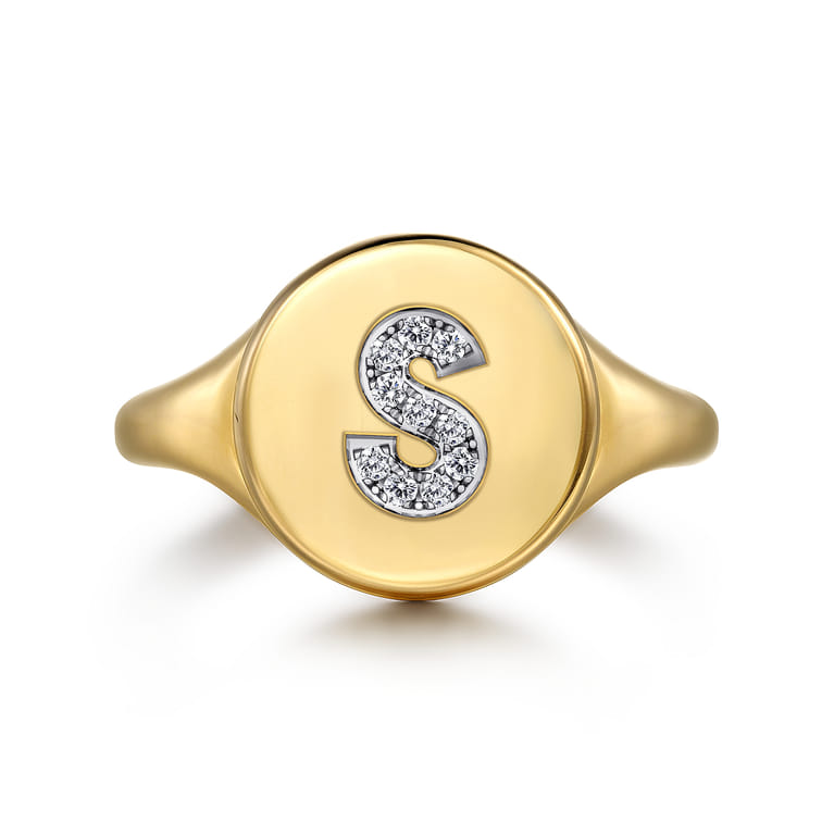 14K Yellow Gold Bujukan Diamond S Initial Signet Ring - 0.06 ct - Shot 1
