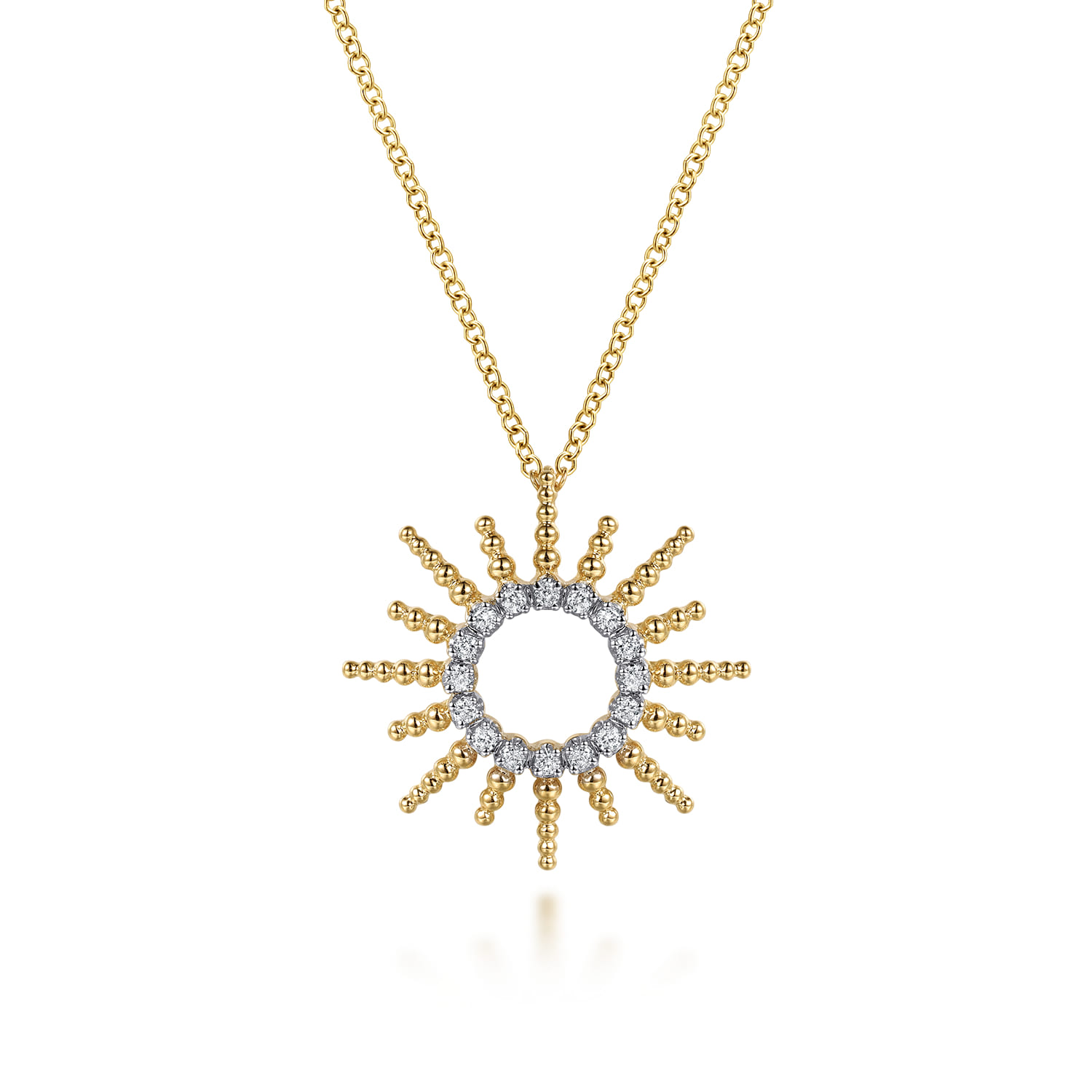 14K Yellow Gold Bujukan Diamond Sunburst Pendant Necklace - 0.12 ct - Shot 1