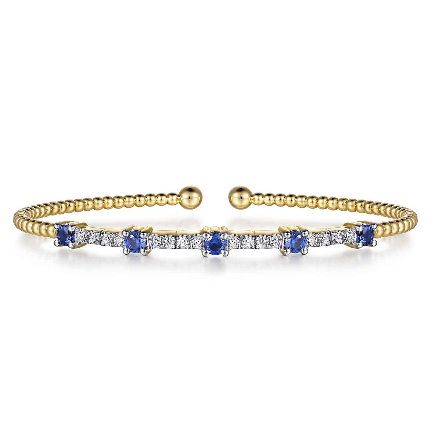 14K Yellow Gold Bujukan Diamond and Blue Sapphire Cuff Bracelet - 0.25 ct - Shot 1
