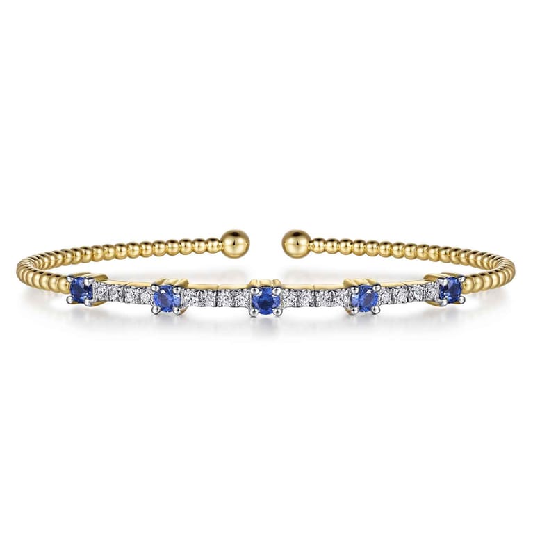 14K Yellow Gold Bujukan Diamond and Blue Sapphire Cuff Bracelet - 0.25 ct - Shot 1