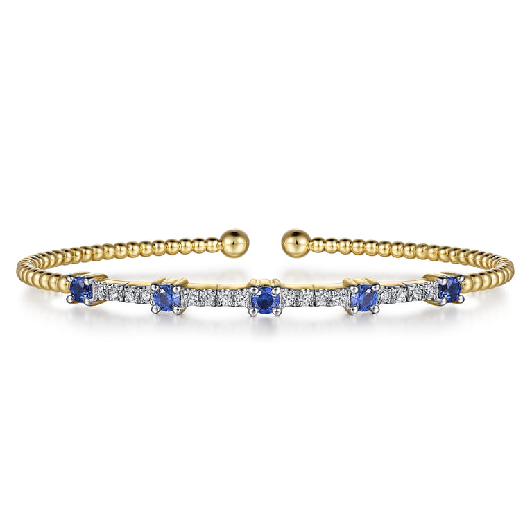 14K Yellow Gold Bujukan Diamond and Blue Sapphire Cuff Bracelet - 0.3 ct - Shot 1