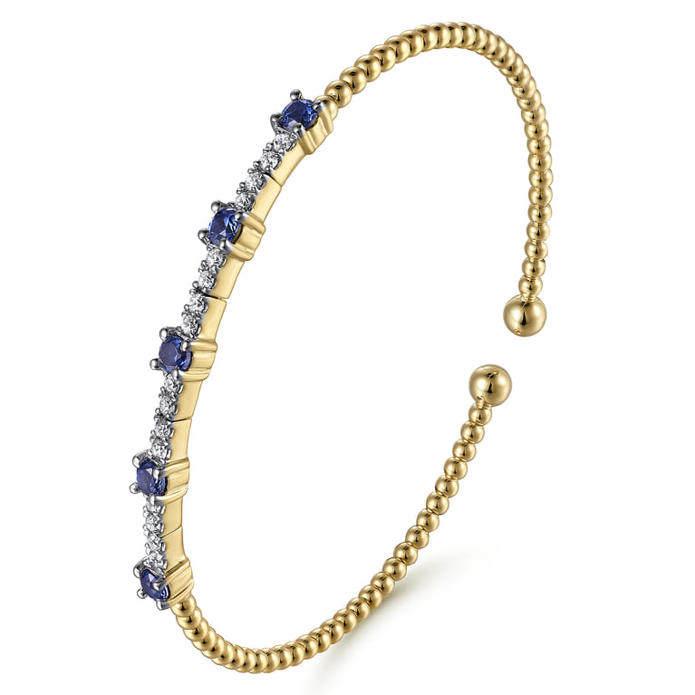 14K Yellow Gold Bujukan Diamond and Blue Sapphire Cuff Bracelet - 0.3 ct - Shot 2