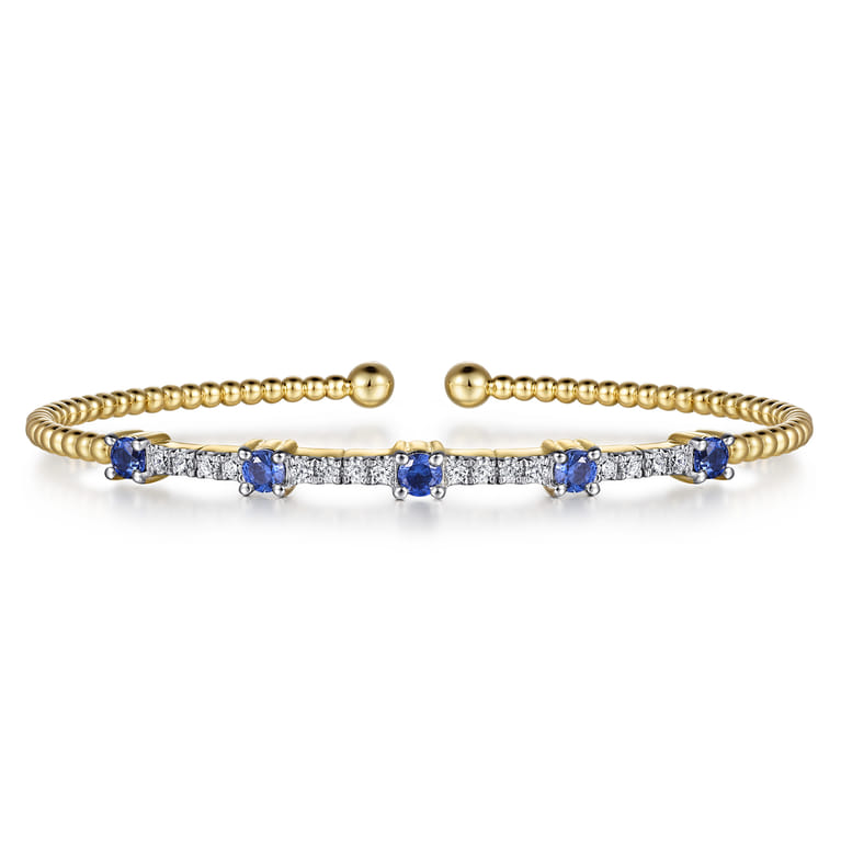 14K Yellow Gold Bujukan Diamond and Blue Sapphire Cuff Bracelet - 0.25 ct - Shot 1