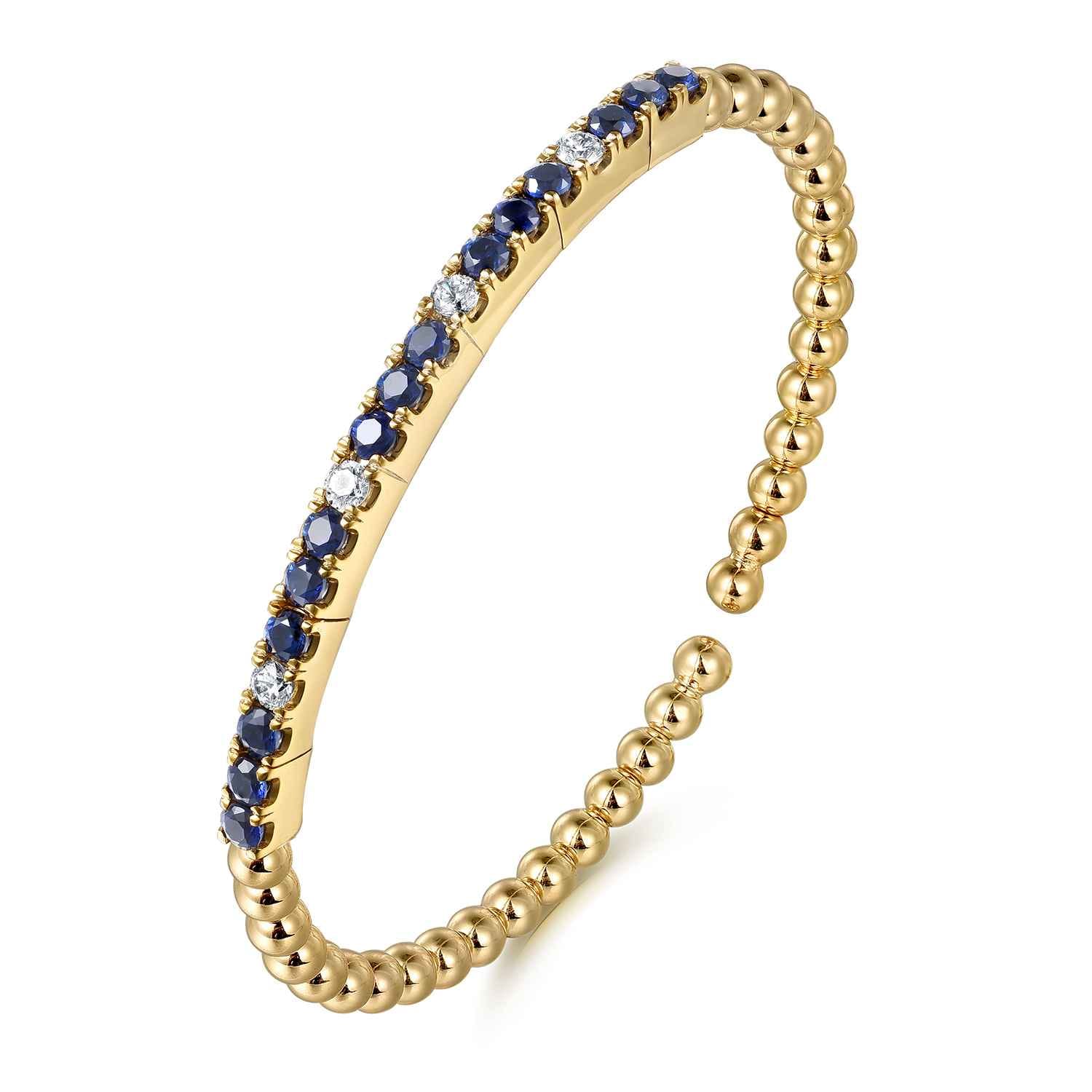 14K Yellow Gold Bujukan Diamond and Blue Sapphire Split Bangle Bracelet - 0.35 ct - Shot 2