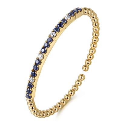 14K Yellow Gold Bujukan Diamond and Blue Sapphire Split Bangle Bracelet