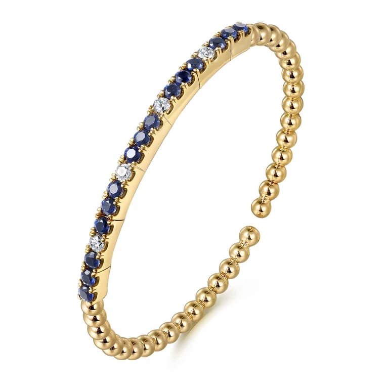 14K Yellow Gold Bujukan Diamond and Blue Sapphire Split Bangle Bracelet - 0.35 ct - Shot 2