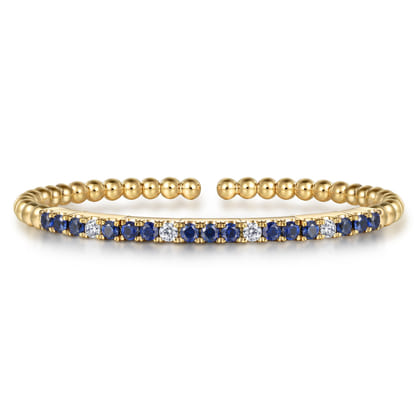 14K Yellow Gold Bujukan Diamond and Blue Sapphire Split Bangle Bracelet