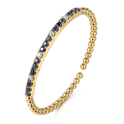 14K Yellow Gold Bujukan Diamond and Blue Sapphire Split Bangle Bracelet