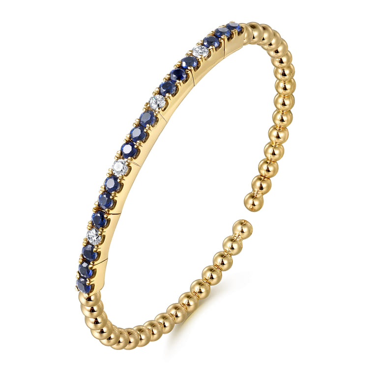 14K Yellow Gold Bujukan Diamond and Blue Sapphire Split Bangle Bracelet - 0.35 ct - Shot 2