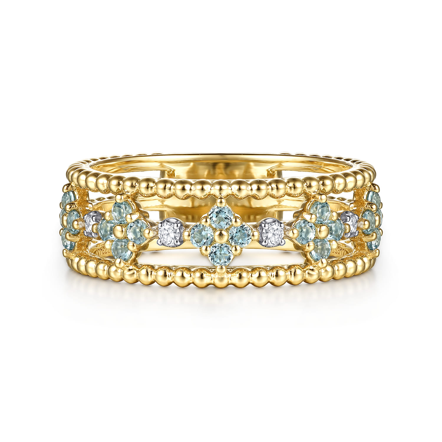 14K Yellow Gold Bujukan Diamond and Blue Topaz Clover Easy Stackable Ring - 0.04 ct - Shot 1