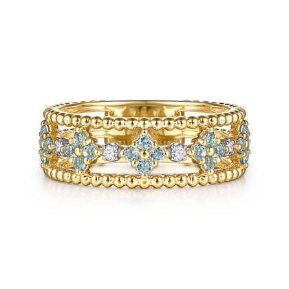 14K Yellow Gold Bujukan Diamond and Blue Topaz Clover Easy Stackable Ring