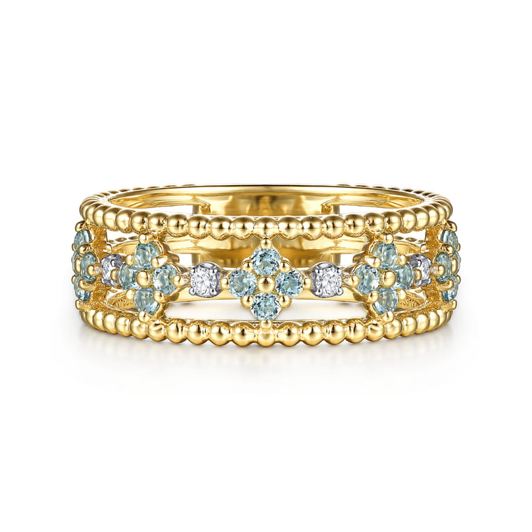 14K Yellow Gold Bujukan Diamond and Blue Topaz Clover Easy Stackable Ring - 0.04 ct - Shot 1