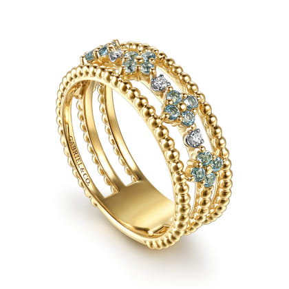 14K Yellow Gold Bujukan Diamond and Blue Topaz Clover Easy Stackable Ring