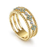 14K Yellow Gold Bujukan Diamond and Blue Topaz Clover Easy Stackable Ring - 0.04 ct