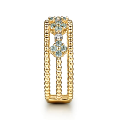 14K Yellow Gold Bujukan Diamond and Blue Topaz Clover Easy Stackable Ring