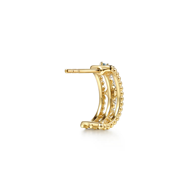 14K Yellow Gold Bujukan Diamond and Blue Topaz Clover J Hoop Earrings - 0.06 ct - Shot 2