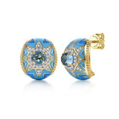 14K Yellow Gold Bujukan Diamond and Blue Topaz J Hoop Earrings with Blue and Dust Blue and White Enamel