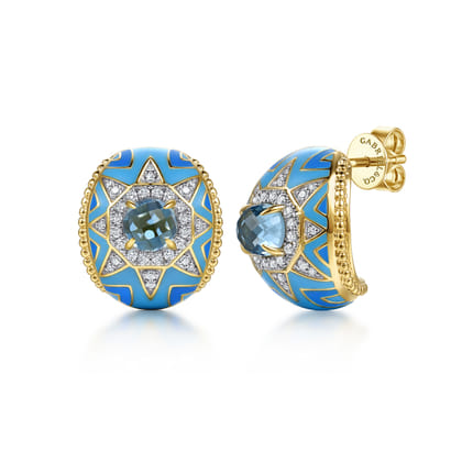 14K Yellow Gold Bujukan Diamond and Blue Topaz J Hoop Earrings with Blue and Dust Blue and White Enamel