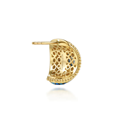 14K Yellow Gold Bujukan Diamond and Blue Topaz J Hoop Earrings with Blue and Dust Blue and White Enamel