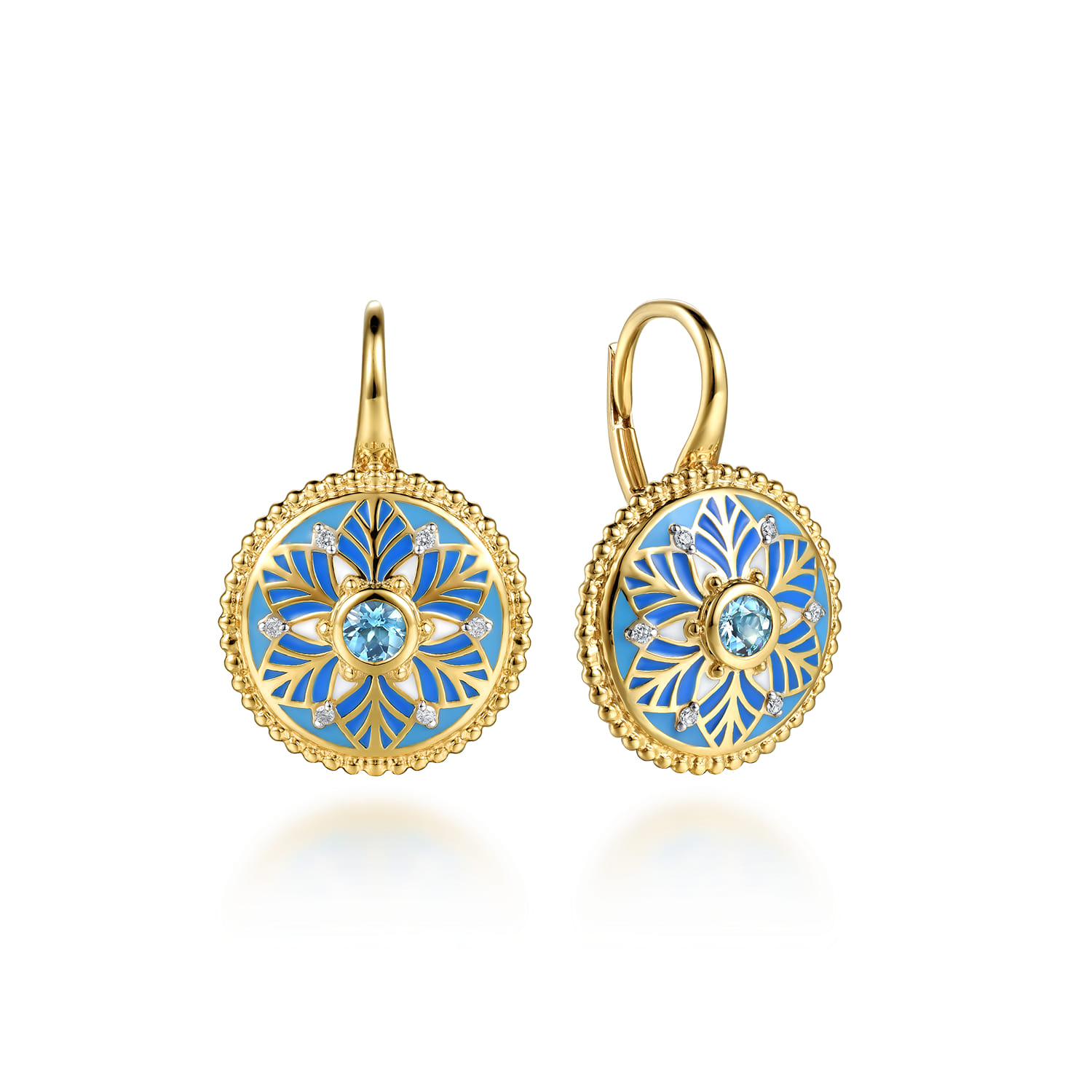 14K Yellow Gold Bujukan Diamond and Blue Topaz Leverback Drop Earrings with Blue and Dust Blue and White Enamel - 0.05 ct - Shot 1
