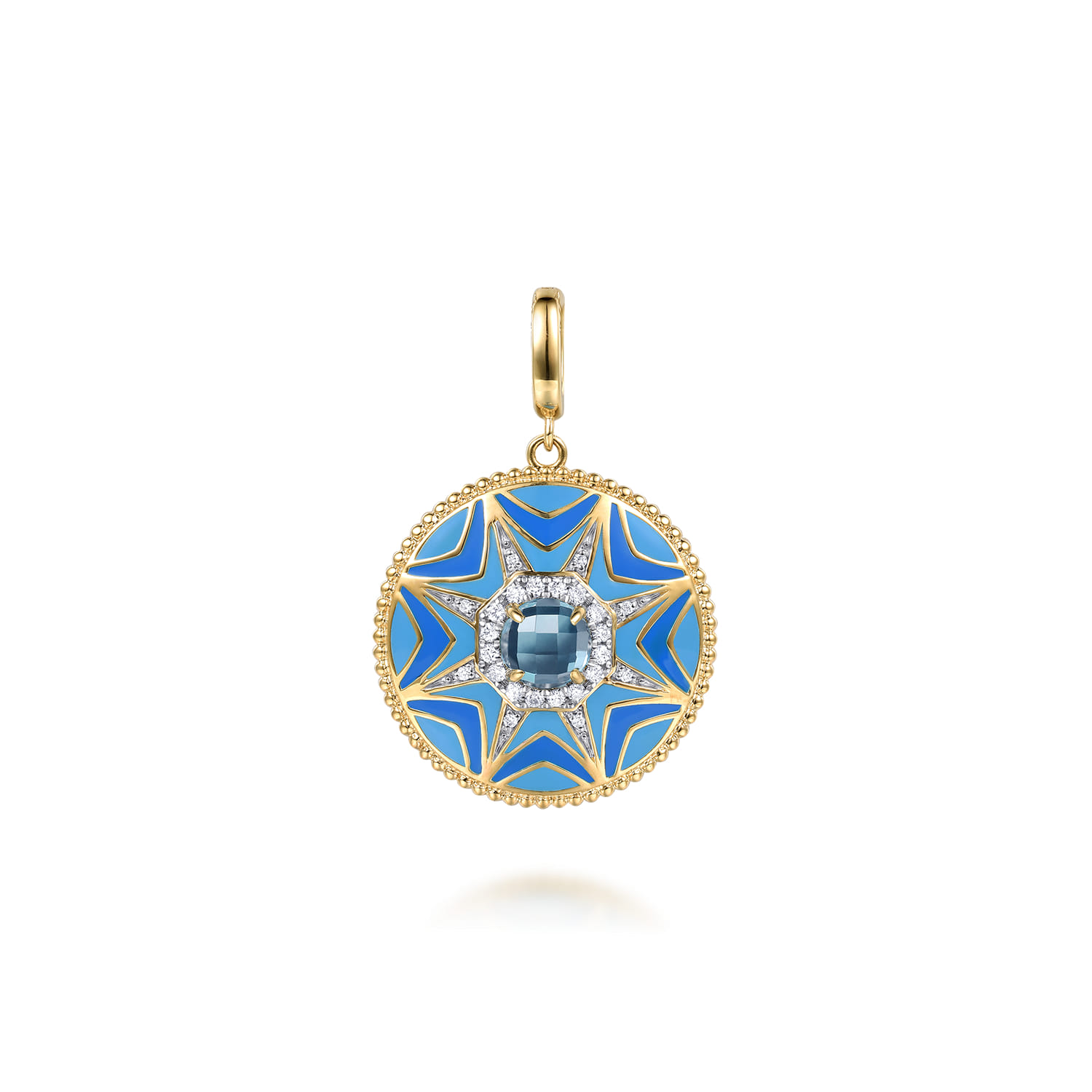 14K Yellow Gold Bujukan Diamond and Blue Topaz Medallion with Blue and Dust Blue and White Enamel - 0.17 ct - Shot 1