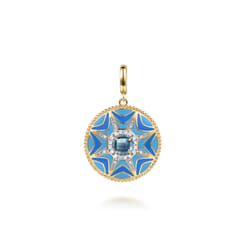 14K Yellow Gold Bujukan Diamond and Blue Topaz Medallion with Blue and Dust Blue and White Enamel